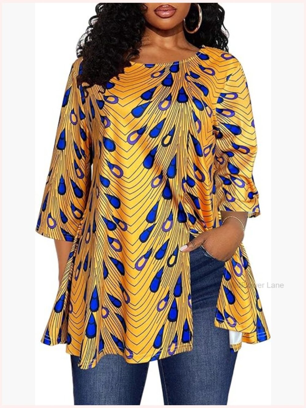 African Dashiki Print Tunic Top 3/4 Sleeve Boho Loose Fit
